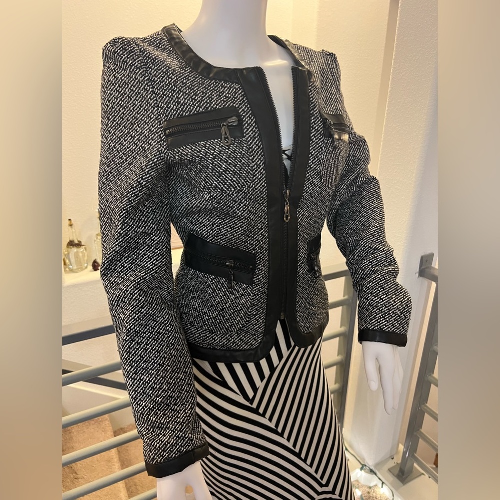 MISS LONDON Women's Black White Wool Blend Full Zip Jacket Size M